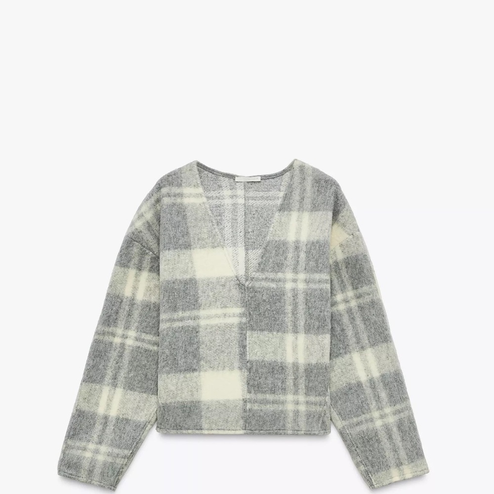 Gray and Cream Plaid V-Neck Sweater